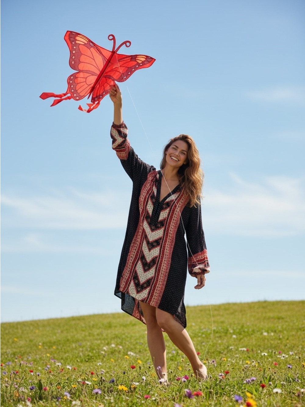 Free People Black Swim Cover-Up Tunic with Red Patterned Trim